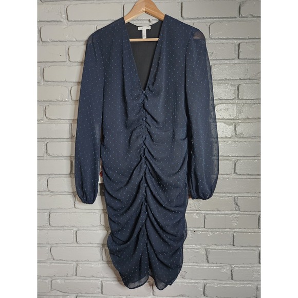 Leith Dresses & Skirts - Leith Women's Dress Large Polka Dot Shirred Blue Long Sleeve V Neck Knee Length